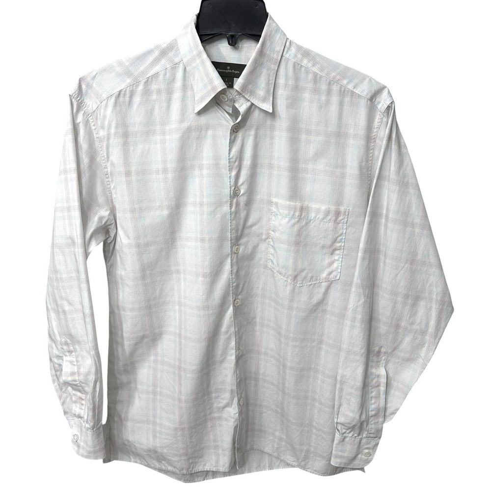 ERMENEGILDO ZEGNA White Plaid Long Sleeve Shirt Men's Size Large Vintage
